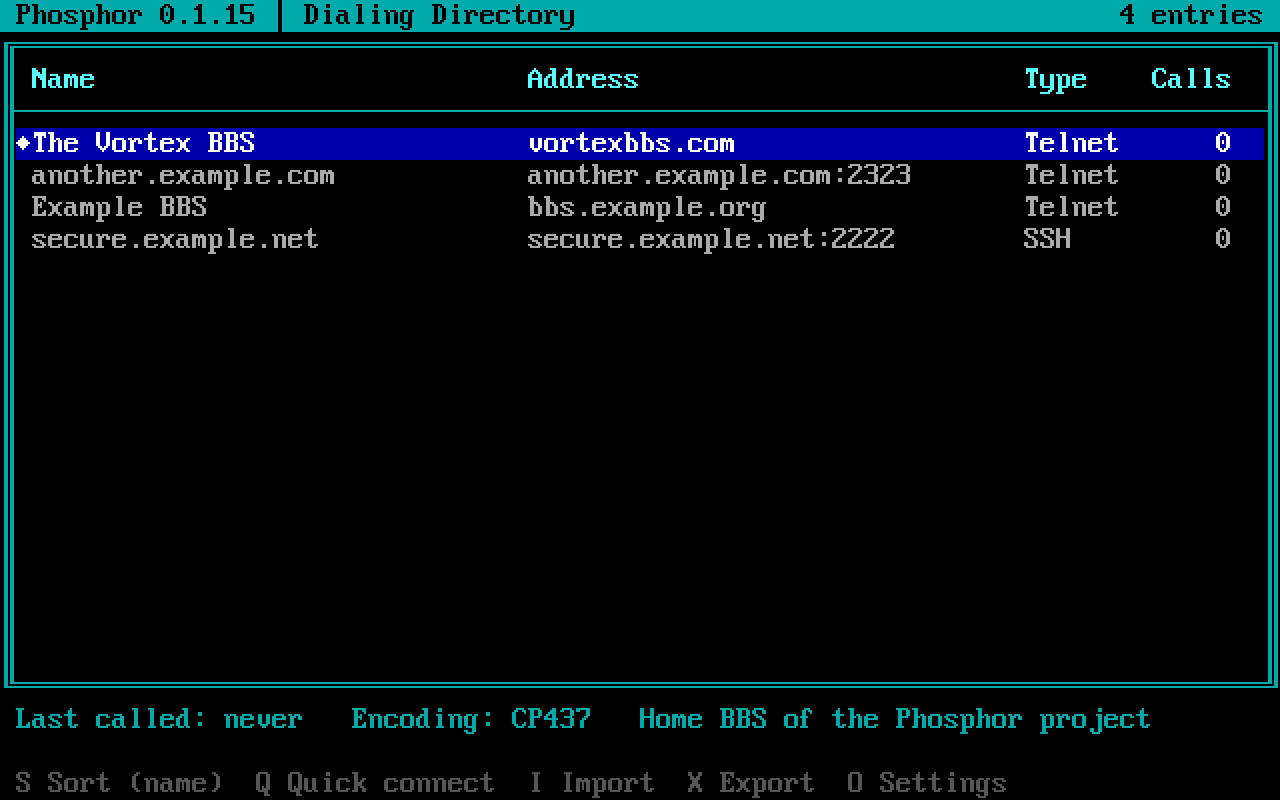 The dialing directory, with The Vortex BBS pinned at the top